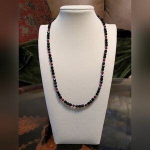 Vintage Black And Red Glass Beaded Necklace And Bracelet Set
